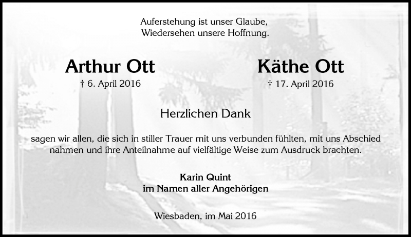  Traueranzeige für Arthur und Käthe Ott vom 14.05.2016 aus  Wiesbaden komplett
