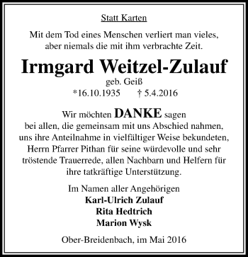 Traueranzeige von Irmgard Weitzel-Zulauf von VRM Trauer