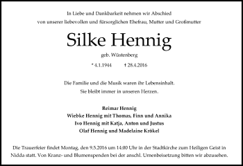 Traueranzeige von Silke Hennig von  Kreisanzeiger