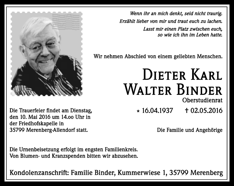  Traueranzeige für Dieter Karl Walter Binder vom 07.05.2016 aus  Allgemeine Zeitung Alzey