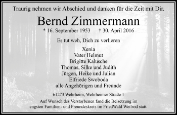 Traueranzeige von Bernd Zimmermann von  Usinger Anzeiger