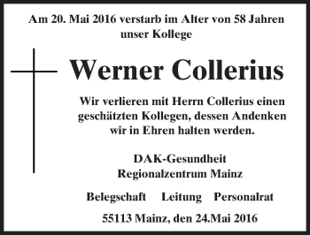 Traueranzeige von Werner Collerius von  Allgemeine  Zeitung Ingelheim-Bingen