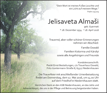 Traueranzeige von Jelisaveta Almaši von  Wiesbaden komplett
