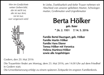 Traueranzeige von Berta Hölker von  Kreisanzeiger