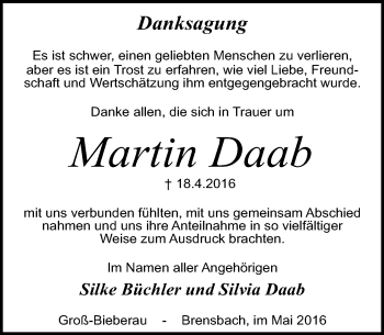 Traueranzeige von Martin Daab von Trauerportal Echo Online