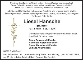 Traueranzeige von Liesel Hansche von Trauerportal Echo Online