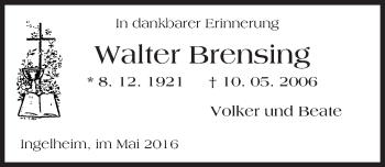 Traueranzeige von Walter Brensing von  Allgemeine  Zeitung Ingelheim-Bingen