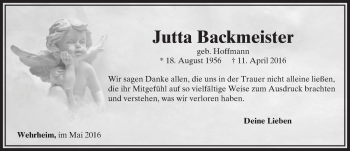 Traueranzeige von Jutta Backmeister von  Usinger Anzeiger