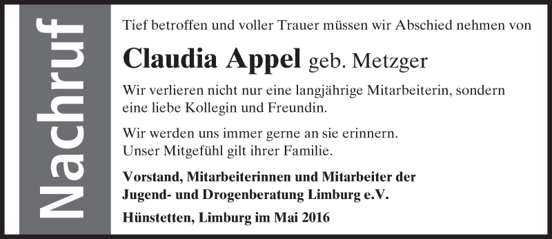  Traueranzeige für Claudia Appel vom 28.05.2016 aus  Wiesbaden komplett