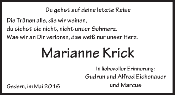 Traueranzeige von Marianne Krick von  Kreisanzeiger