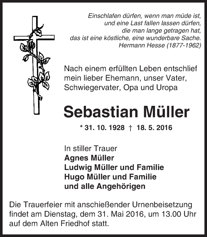  Traueranzeige für Sebastian Müller vom 27.05.2016 aus  Hochheimer Zeitung