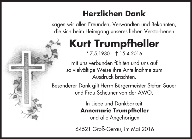  Traueranzeige für Kurt Trumpfheller vom 14.05.2016 aus Trauerportal Echo Online