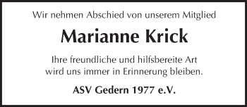 Traueranzeige von Marianne Krick von  Kreisanzeiger