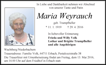 Traueranzeige von Maria Weyrauch von Trauerportal Echo Online