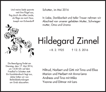 Traueranzeige von Hildegard Zinnel von  Kreisanzeiger