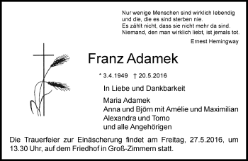 Traueranzeige von Franz Adamek von Trauerportal Echo Online