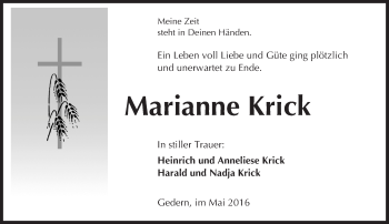 Traueranzeige von Marianne Krick von  Kreisanzeiger