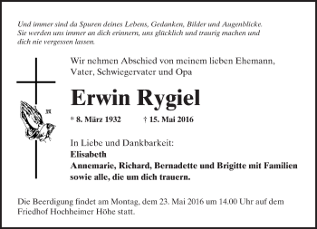 Traueranzeige von Erwin Rygiel von  Wormser Zeitung