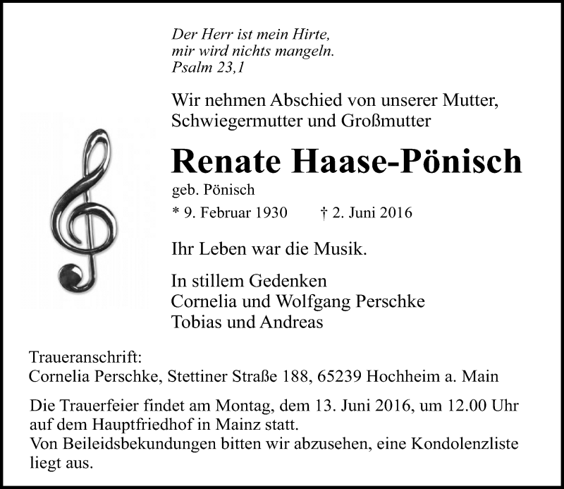  Traueranzeige für Renate Haase-Pönisch vom 09.06.2016 aus  Allgemeine Zeitung Mainz