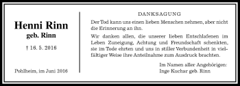 Traueranzeige von Henni Rinn von  Gießener Anzeiger