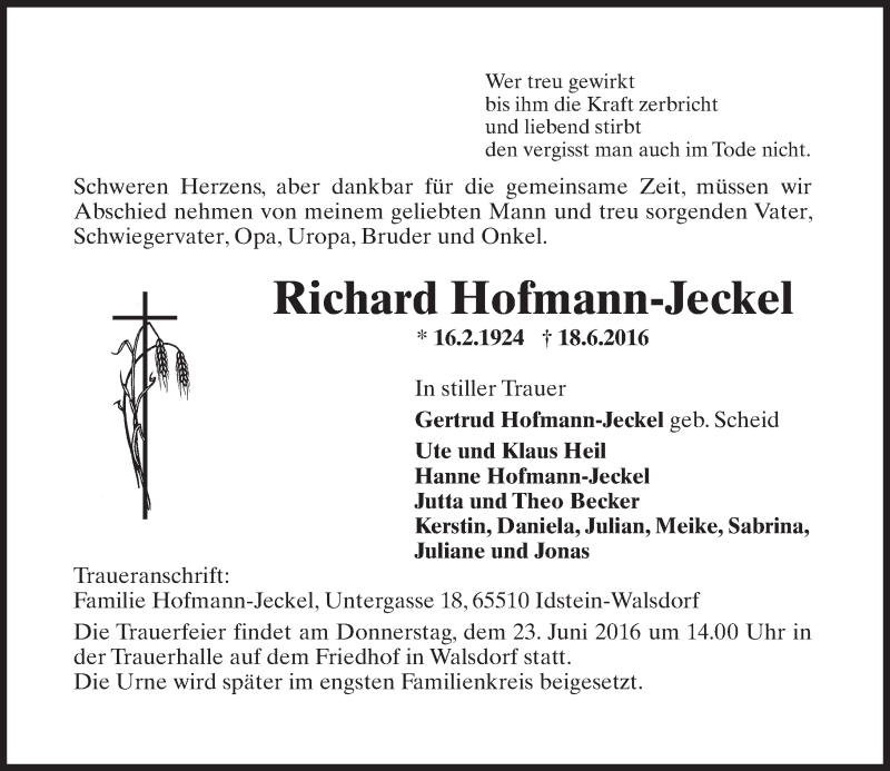  Traueranzeige für Richard Hofmann-Jeckel vom 21.06.2016 aus Trauerportal Rhein Main Presse