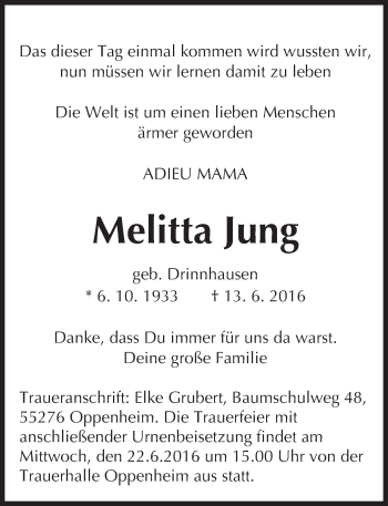 Traueranzeige von Melitta Jung von Trauerportal Rhein Main Presse