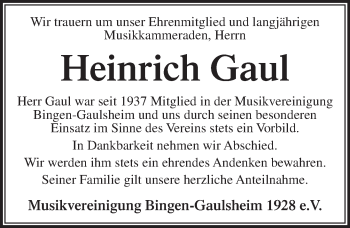 Traueranzeige von Heinrich Gaul von  Allgemeine  Zeitung Ingelheim-Bingen
