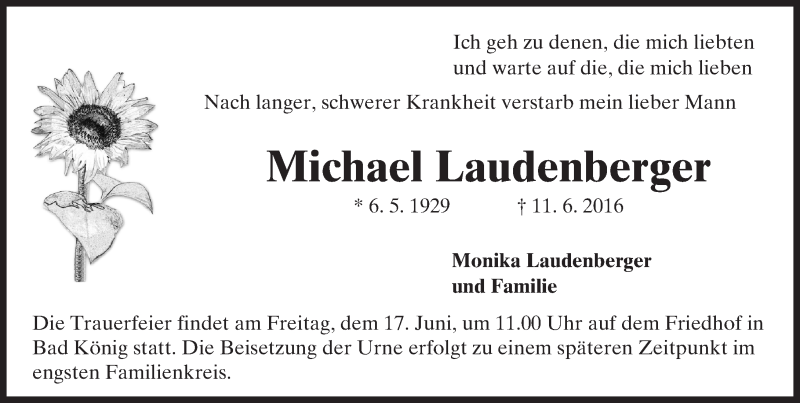  Traueranzeige für Michael Laudenberger vom 15.06.2016 aus Trauerportal Echo Online