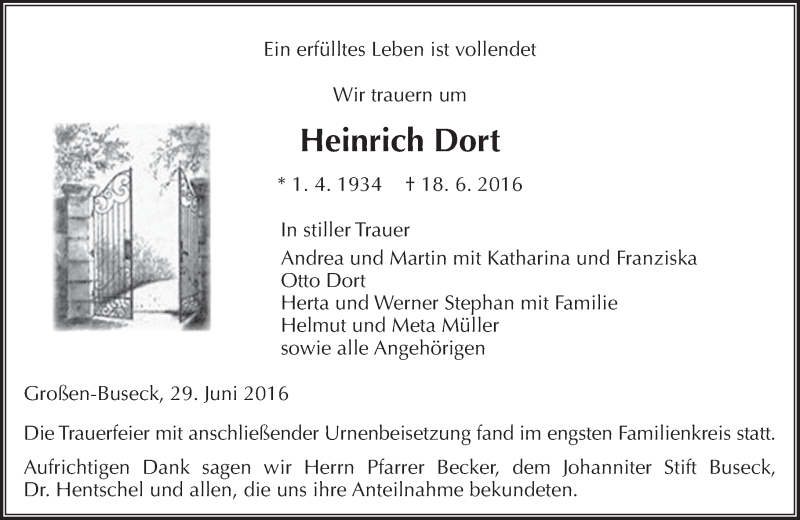  Traueranzeige für Heinrich Dort vom 29.06.2016 aus  Gießener Anzeiger