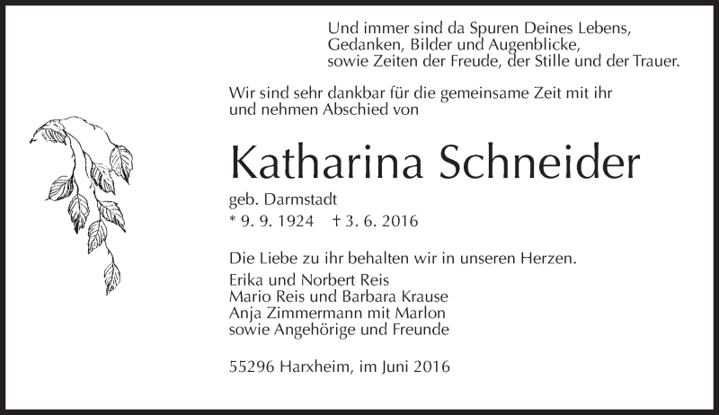  Traueranzeige für Katharina Schneider vom 09.06.2016 aus  Allgemeine Zeitung Mainz