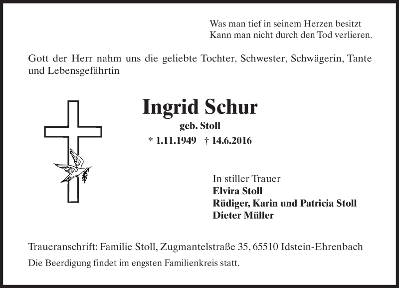  Traueranzeige für Ingrid Schur vom 18.06.2016 aus Trauerportal Rhein Main Presse