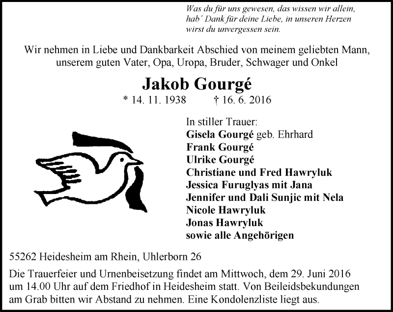  Traueranzeige für Jakob Gourgé vom 18.06.2016 aus Trauerportal Rhein Main Presse