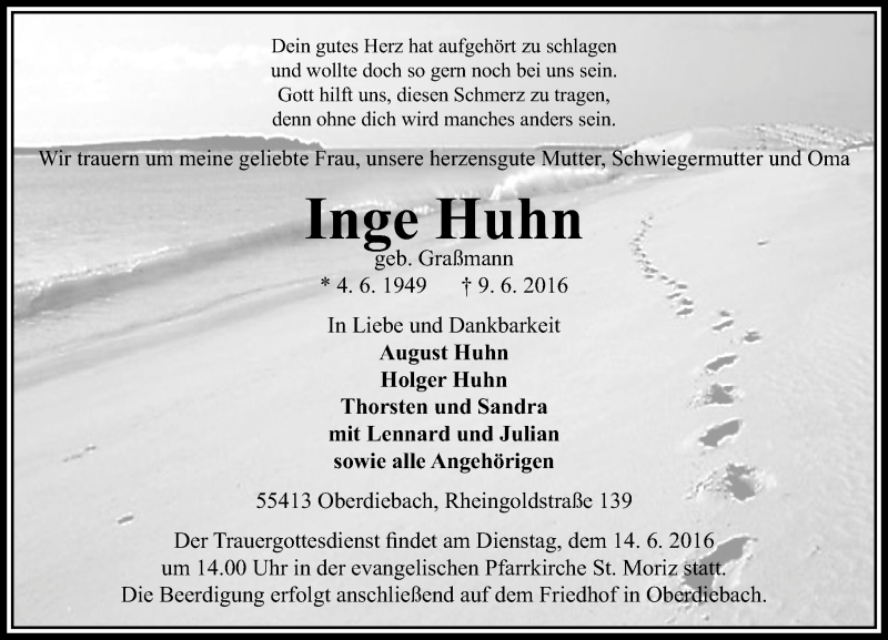  Traueranzeige für Inge Huhn vom 13.06.2016 aus  Allgemeine  Zeitung Ingelheim-Bingen