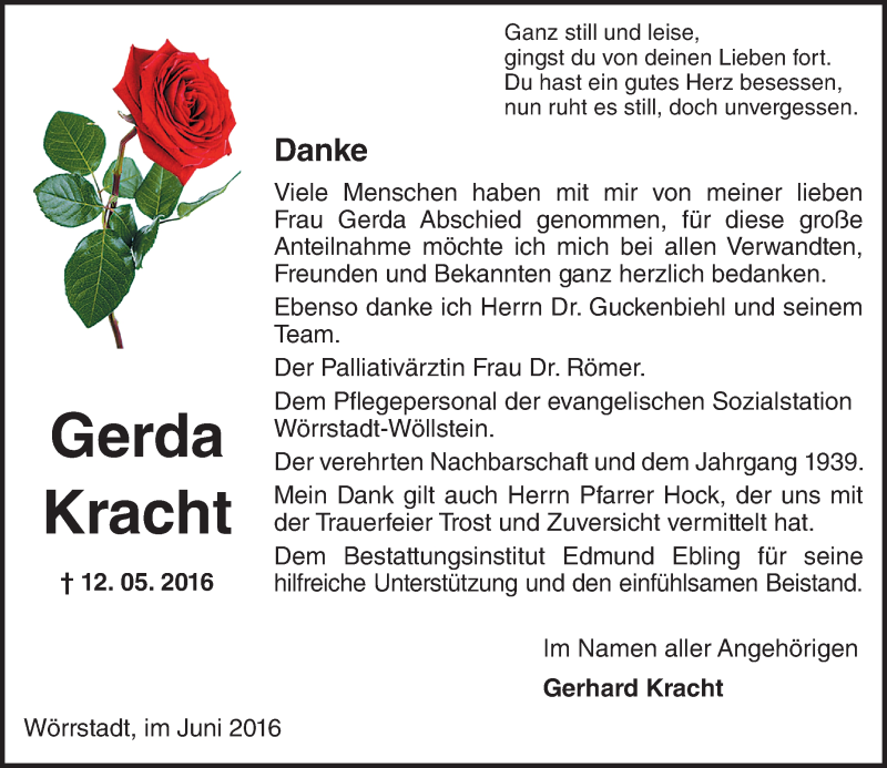  Traueranzeige für Gerda Kracht vom 11.06.2016 aus  Allgemeine Zeitung Alzey
