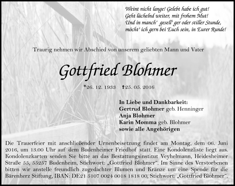  Traueranzeige für Gottfried Blohmer vom 04.06.2016 aus  Allgemeine Zeitung Mainz