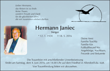 Traueranzeige von Hermann Janiec von  Gießener Anzeiger