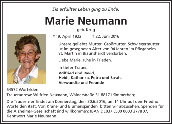 Traueranzeige von Marie Neumann von Trauerportal Echo Online