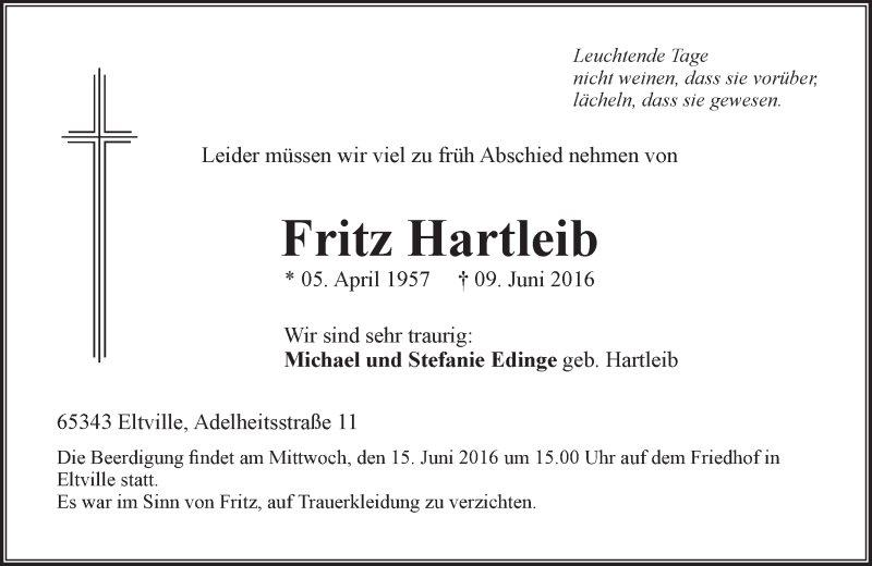  Traueranzeige für Fritz Hartleib vom 14.06.2016 aus Trauerportal Rhein Main Presse