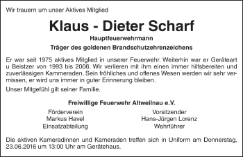 Traueranzeige von Klaus-Dieter Scharf von  Usinger Anzeiger