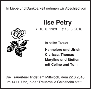 Traueranzeige von Ilse Petry von Trauerportal Echo Online