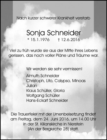 Traueranzeige von Sonja Schneider von Trauerportal Rhein Main Presse