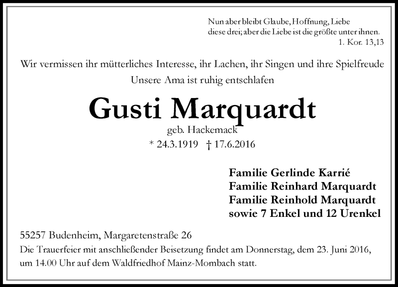  Traueranzeige für Gusti Marquardt vom 18.06.2016 aus Trauerportal Rhein Main Presse