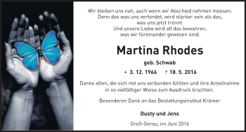 Traueranzeige von Martina Rhodes von Trauerportal Echo Online
