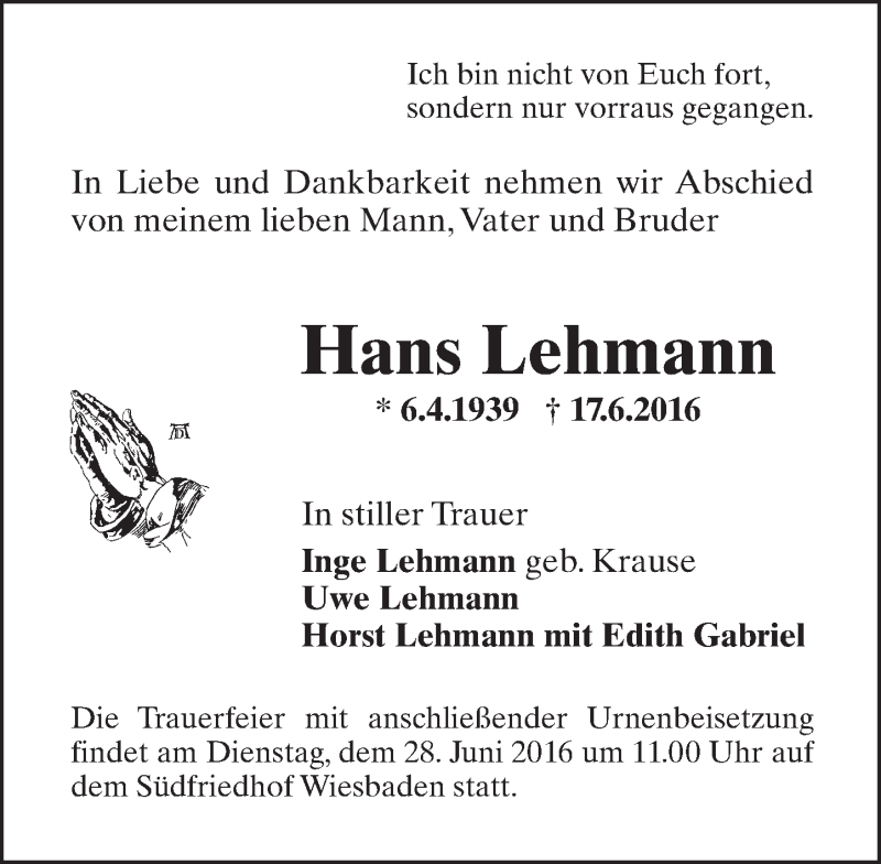  Traueranzeige für Hans Lehmann vom 25.06.2016 aus Trauerportal Rhein Main Presse