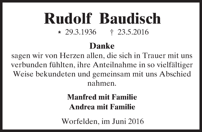  Traueranzeige für Rudolf Baudisch vom 18.06.2016 aus Trauerportal Echo Online