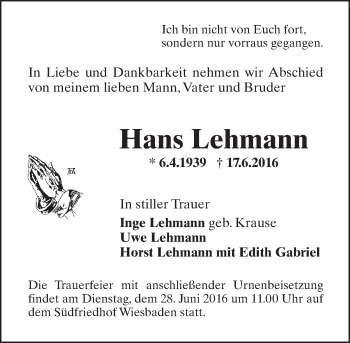 Traueranzeige von Hans Lehmann von Trauerportal Rhein Main Presse