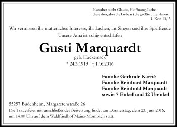 Traueranzeige von Gusti Marquardt von Trauerportal Rhein Main Presse