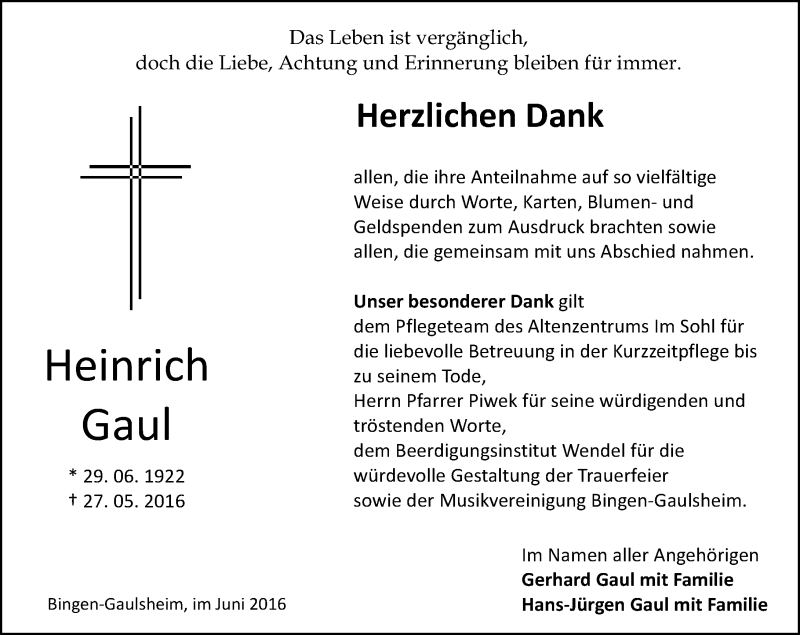  Traueranzeige für Heinrich Gaul vom 25.06.2016 aus Trauerportal Rhein Main Presse