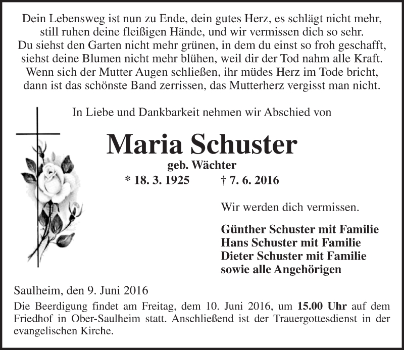  Traueranzeige für Maria Schuster vom 09.06.2016 aus  Allgemeine Zeitung Alzey