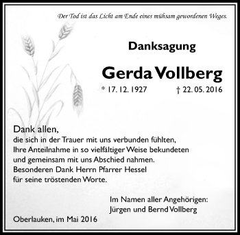 Traueranzeige von Gerda Vollberg von  Usinger Anzeiger
